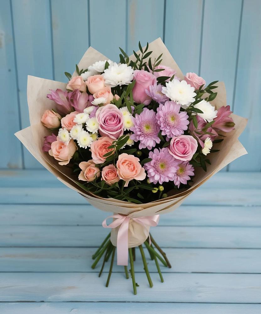 Букет цветов из: Хризантемы, Розы и Альстромерии в Новоильинском