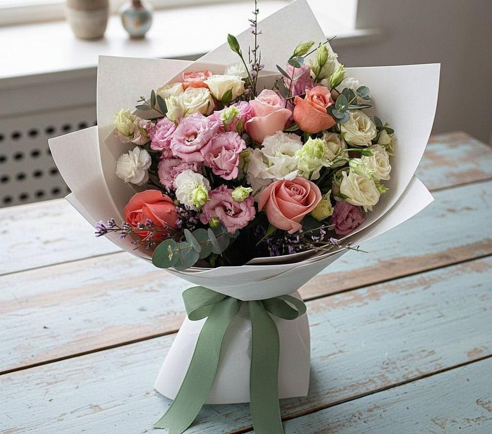 Букет цветов из: Розы, Лизиантусы и Гвоздики в Новоильинском