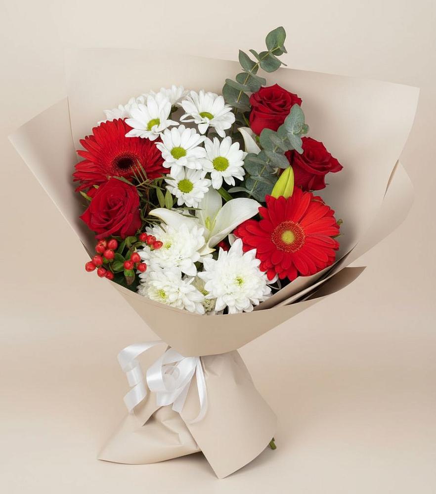 Букет цветов из: Розы, Хризантемы, Герберы и Лилии в Новоильинском