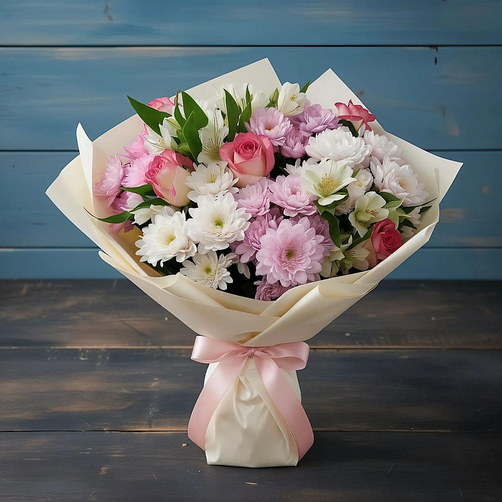 Букет цветов из: Хризантемы, Альстромерии и Розы в Новоильинском